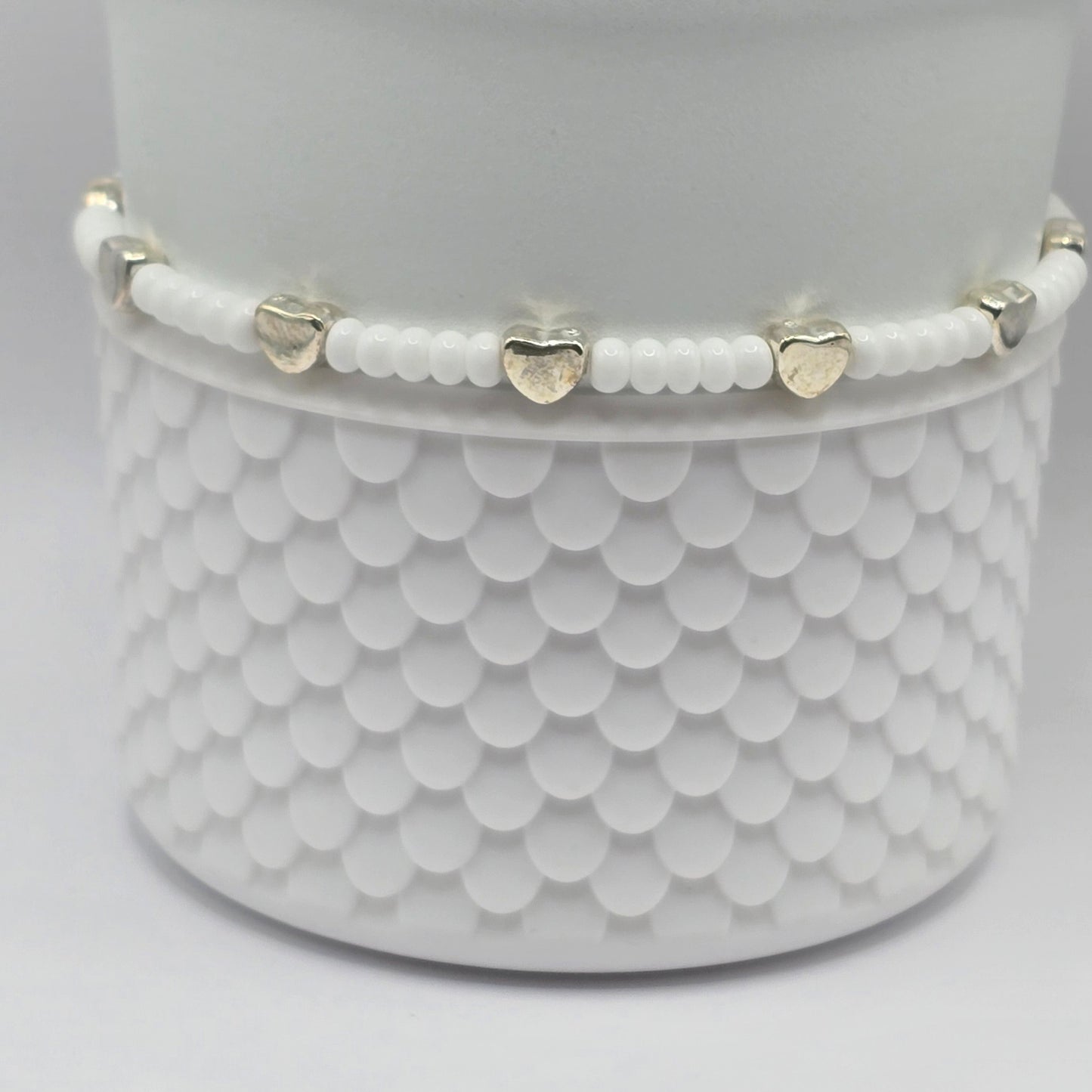 Boot Bracelet: White with Silver Hearts