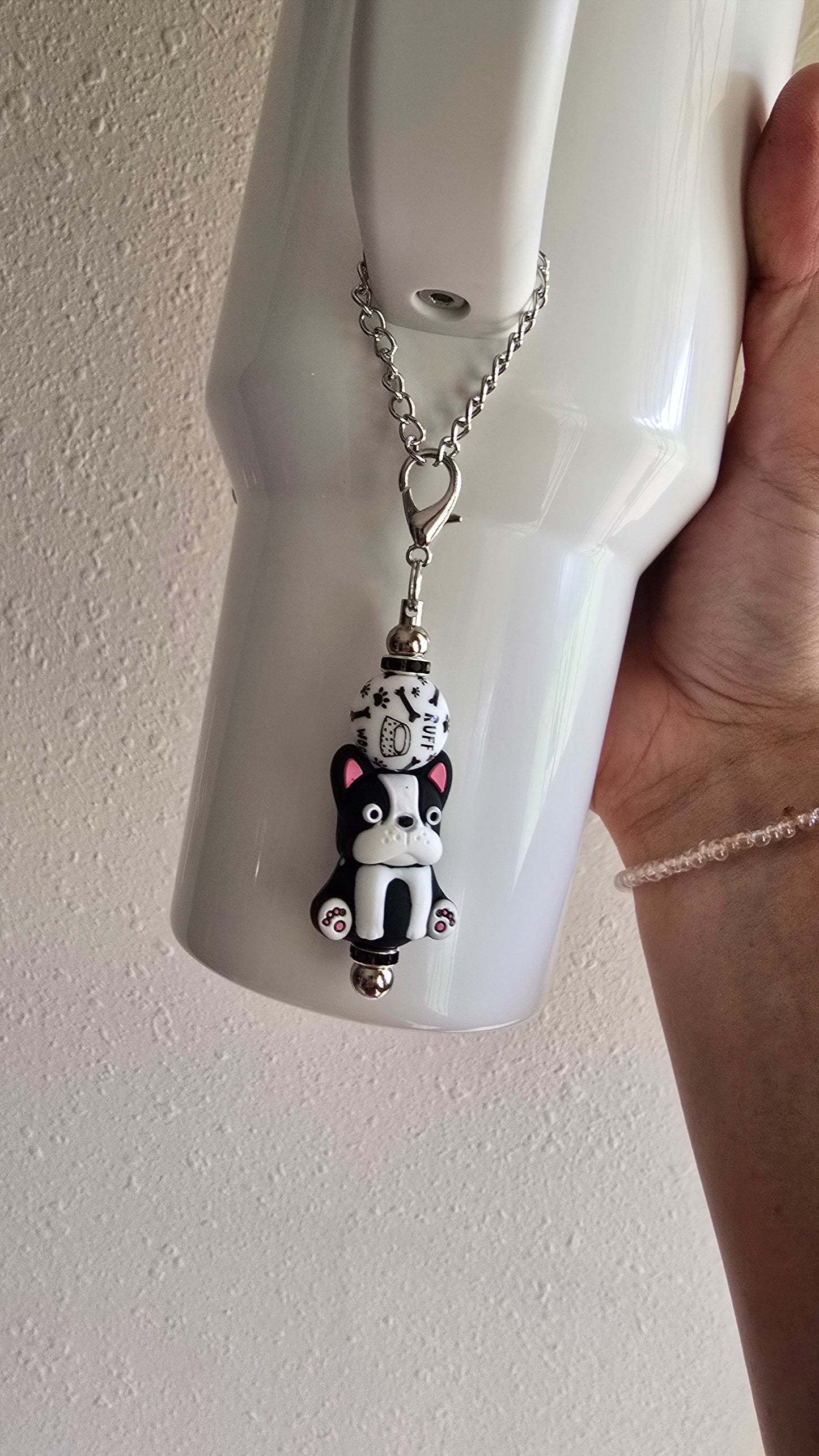 Black and White Dog, Bone and Woof Silicone Beaded Handle or Bag Charm