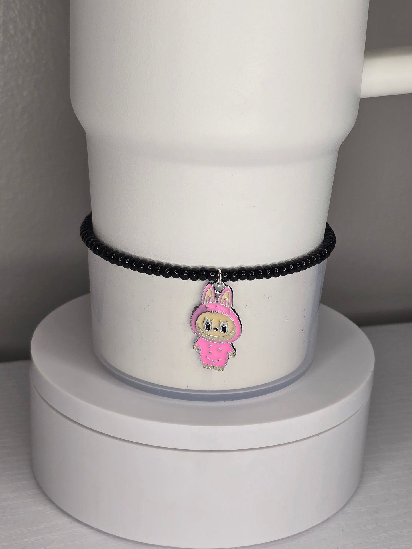 Pink Labubu Charm on Black Boot Bracelet