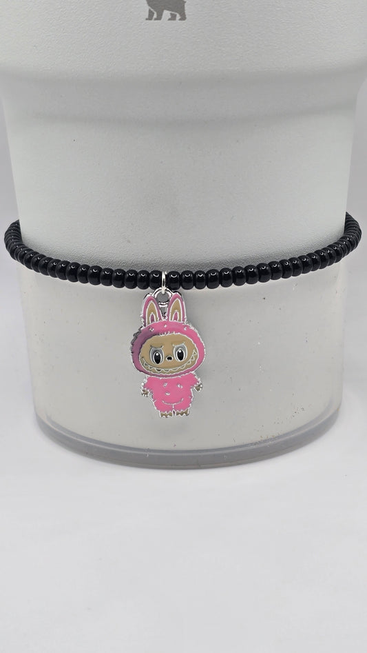 Boot Bracelet: Black Bracelet with Pink Labubu Charm