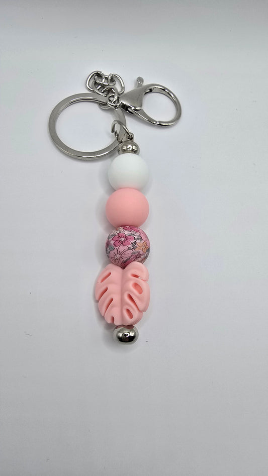 Key Chain: Pink Monstera Leaf with Flower Bead