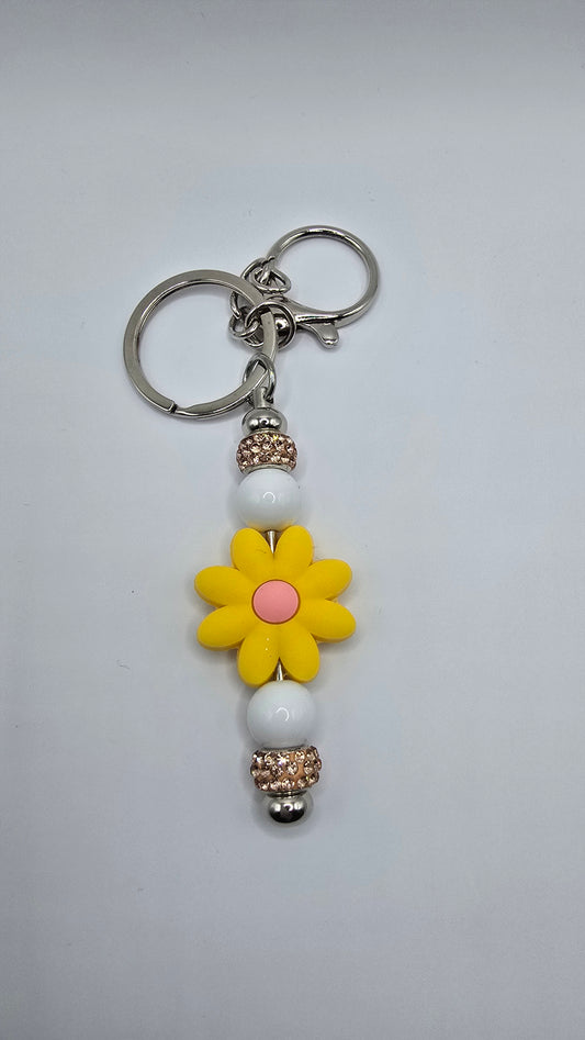 Key Chain: Yellow Flower with Peach Rhinestones