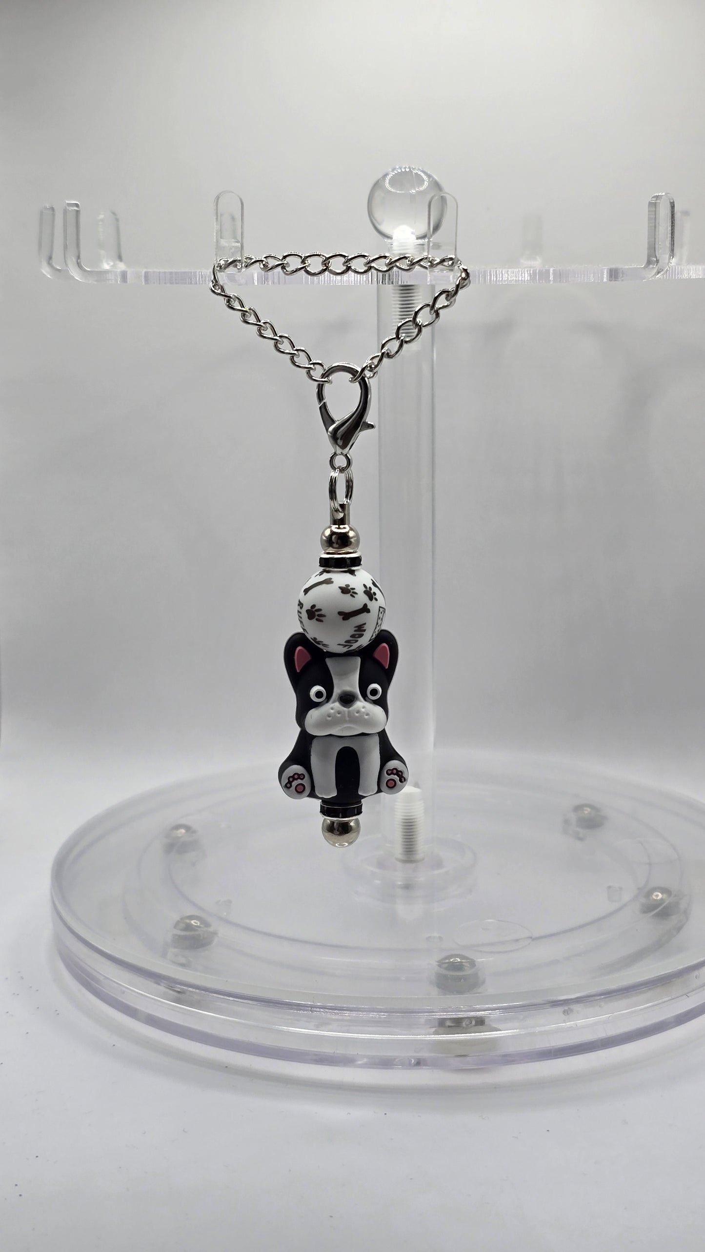 Black and White Dog, Bone and Woof Silicone Beaded Handle or Bag Charm