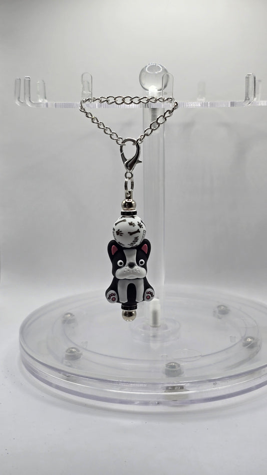 Black and White Dog, Bone and Woof Silicone Beaded Handle or Bag Charm