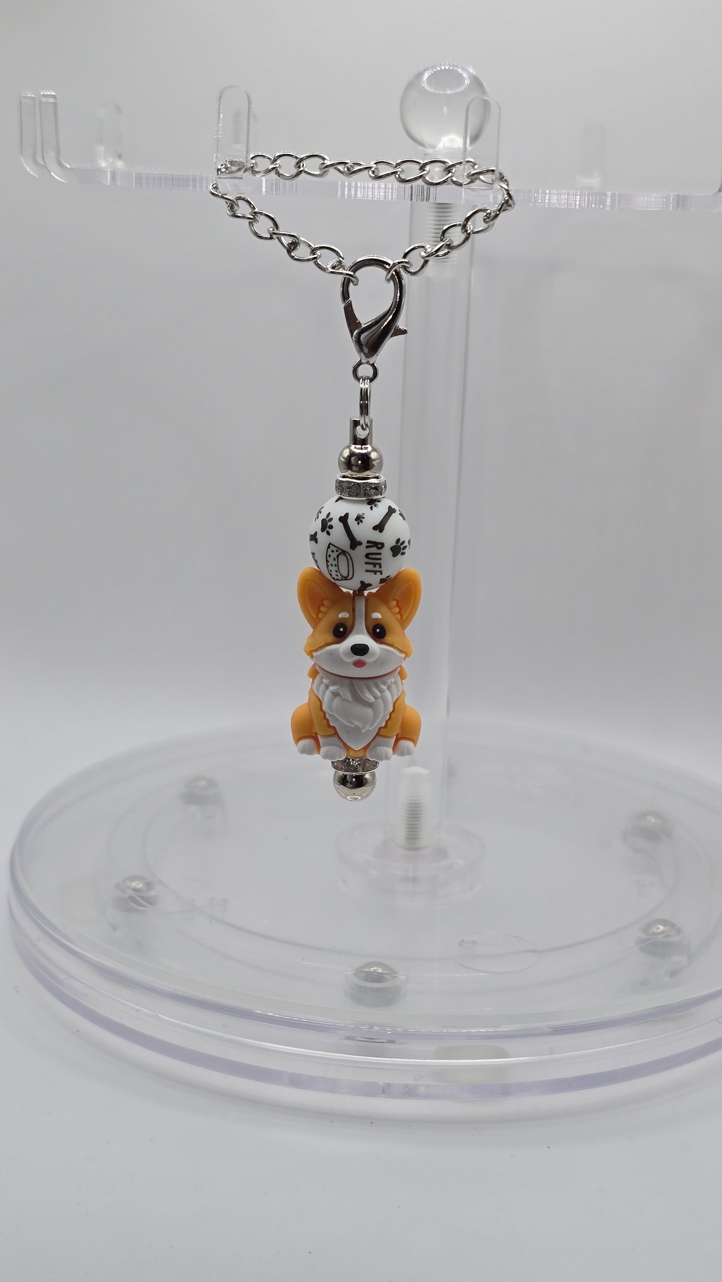 Corgi Dog, Bone and Woof Silicone Beaded Handle or Bag Charm