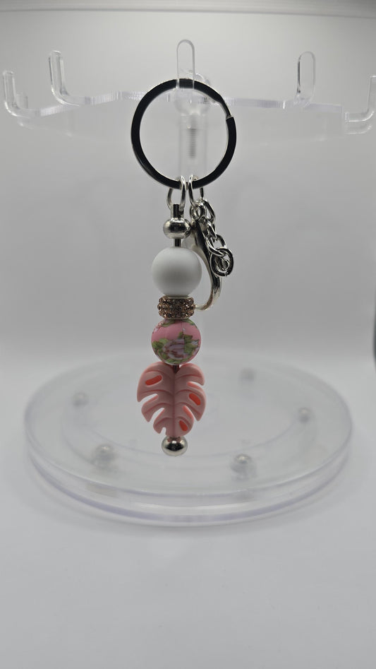 Key Chain: Pink Monstera with Flowers and Peach Rhinestones