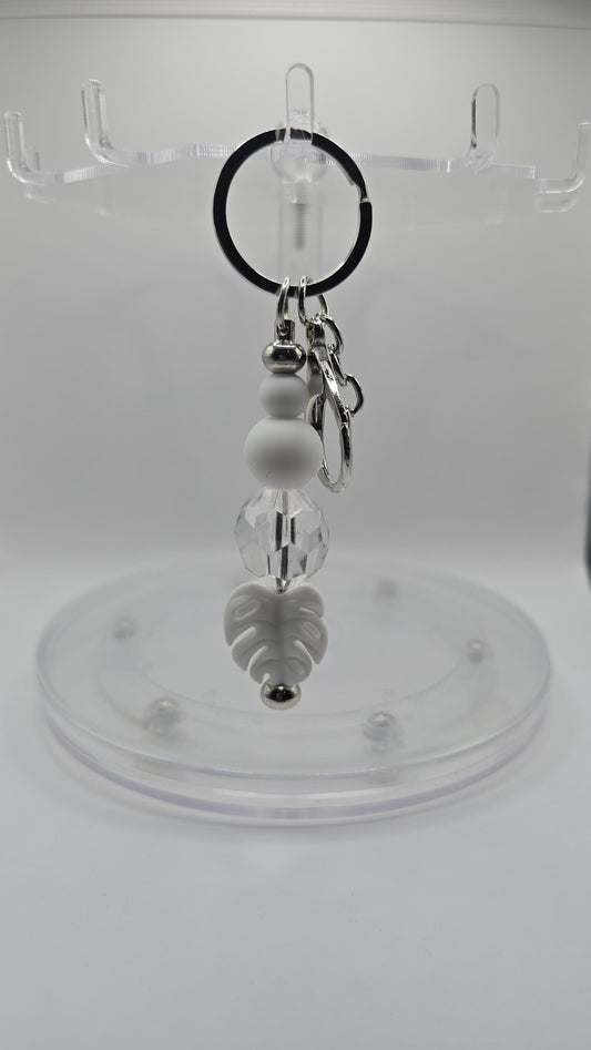 Key Chain: White Monstera with Clear Gem