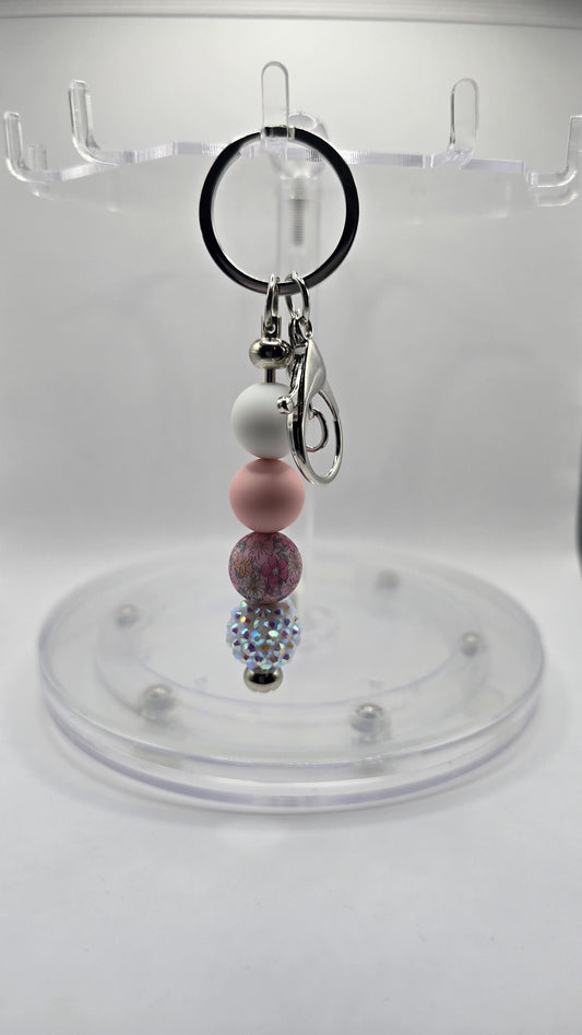 Key Chain: Rhinestones and Pink Flowers