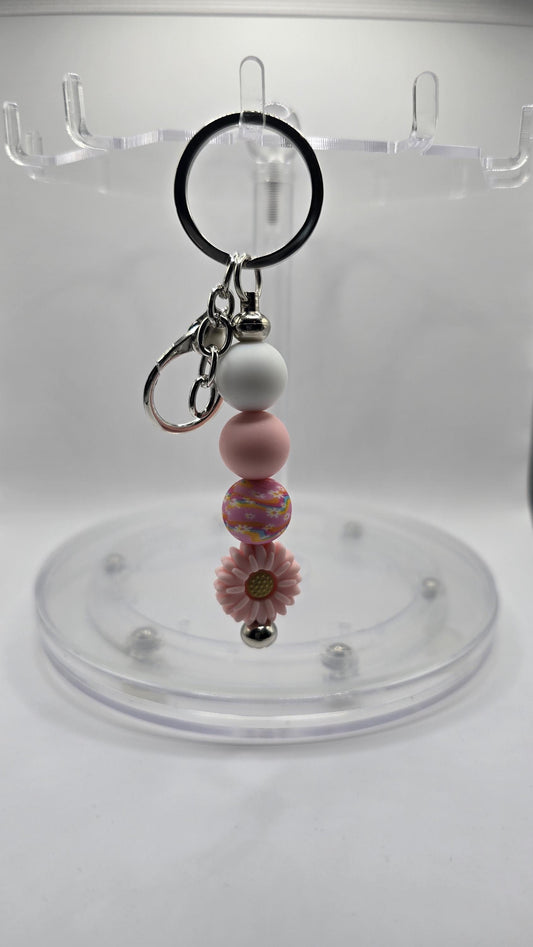 Key Chain: Pink Daisy and Retro Flowers