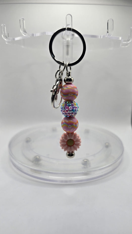 Key Chain: Retro Flowers, Rhinestones and Daisy