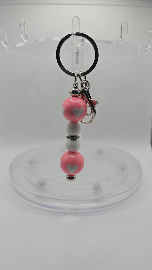 Key Chain: Pink Hearts and Rhinestones