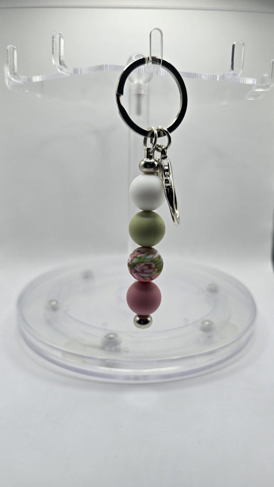 Key Chain: White, Green, Flowers and Pink
