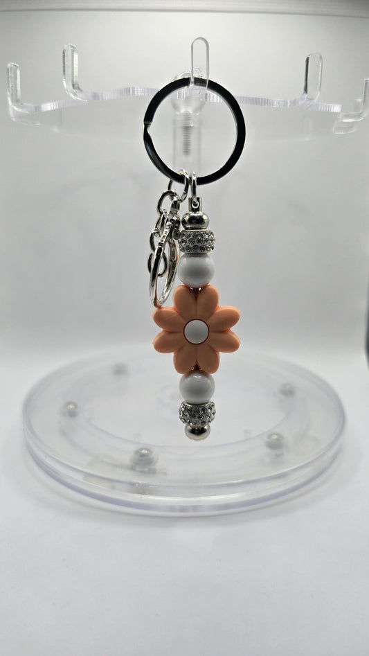 Key Chain: Orange Daisy and White Rhinestones